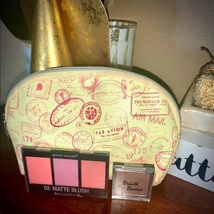 Cream Make up bag with a passport pattern w/ blush